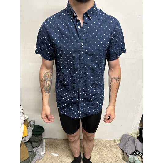 Men’s Patriotic Blue With Stars Button Up Short Sleeve Shirt Med Denim & Flower