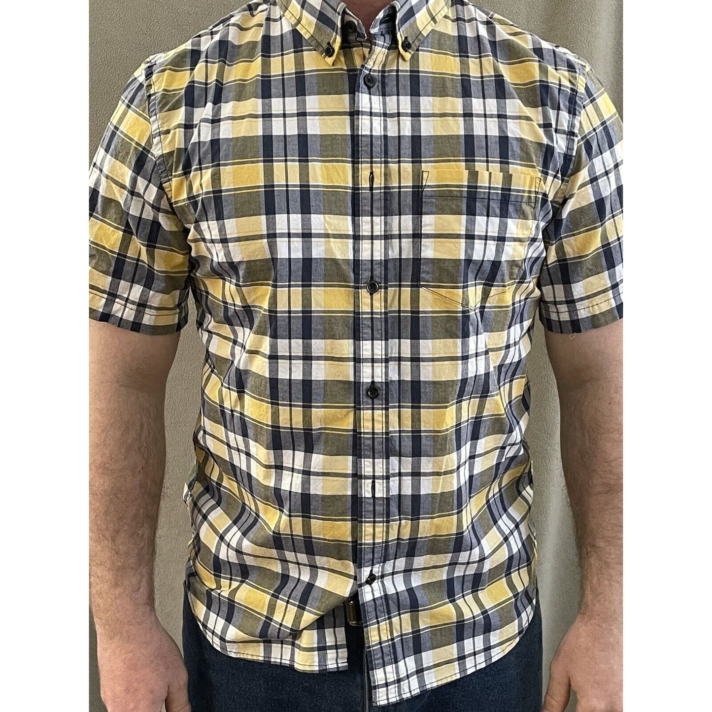 Old Navy Men’s Classic Shirt Stretch Built In Flex Yellow Blue Plaid Large