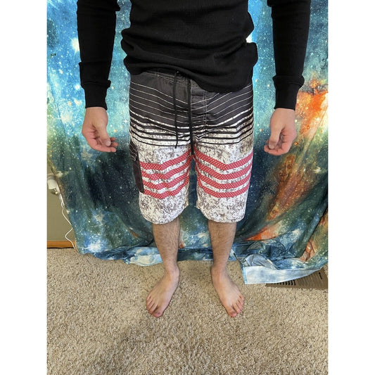 NONWE Mens Board Shorts Sz 30 Black Red Stripes Swim trunks