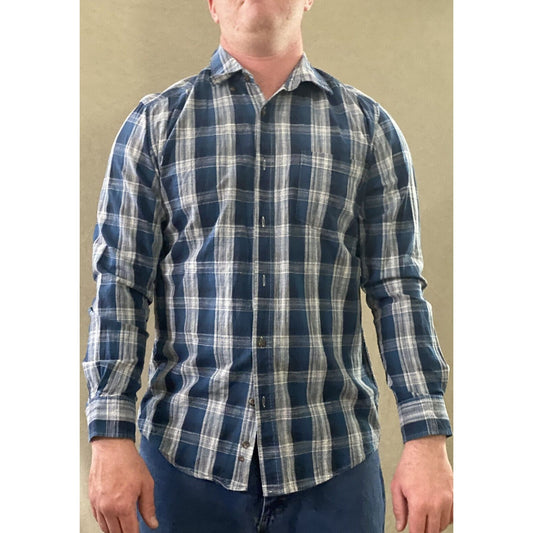 Faded Glory Men’s Medium Cobalt Blue White Plaid Button-down Cotton Long Sleeves