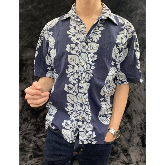 Old Navy Hawaiian Hibiscus Flowers Blue Men’s Large Button-down Short Sleeves