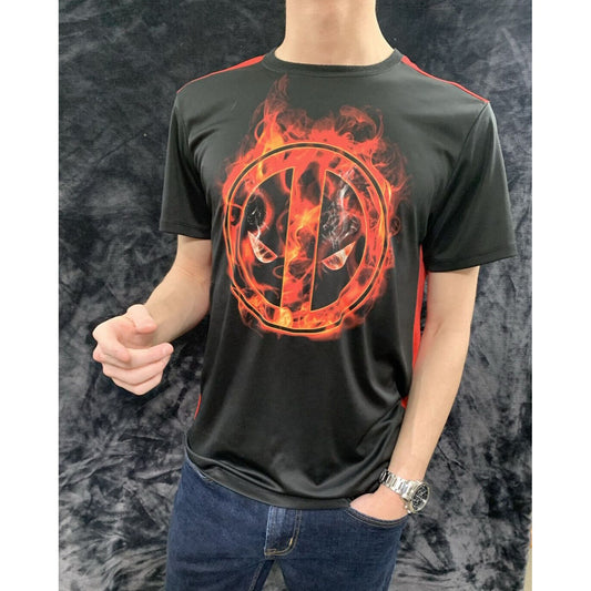 MARVEL Deadpool on Fire Black and Red Men’s Large Polyester T-Shirt