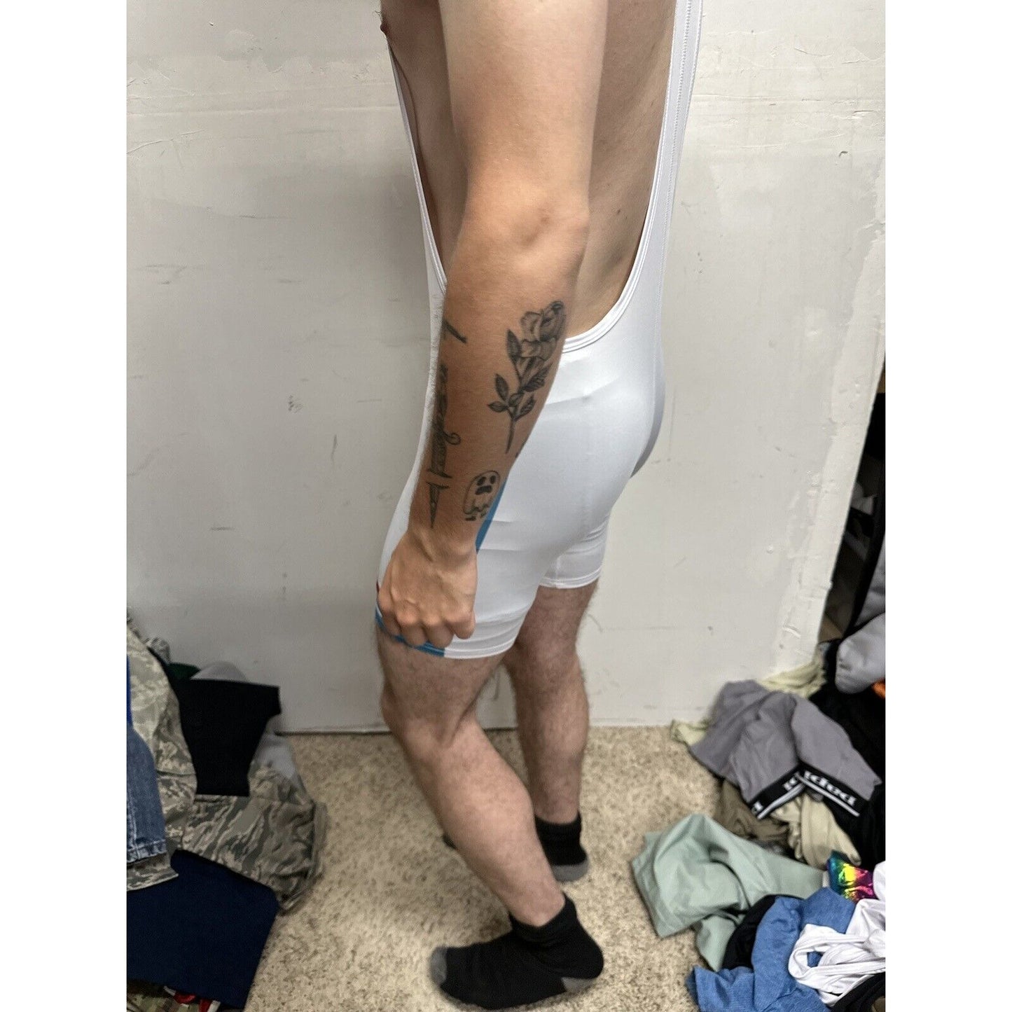 Men’s Tauwell White And Aqua Wrestling Singlet Medium