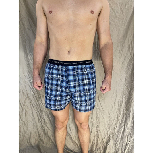 men's hanes blue plaid boxer shorts large confort flex