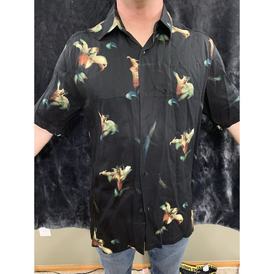 Metro Concepts Mens Medium Button Down Short Sleeve Shirt Black - Leaf Design