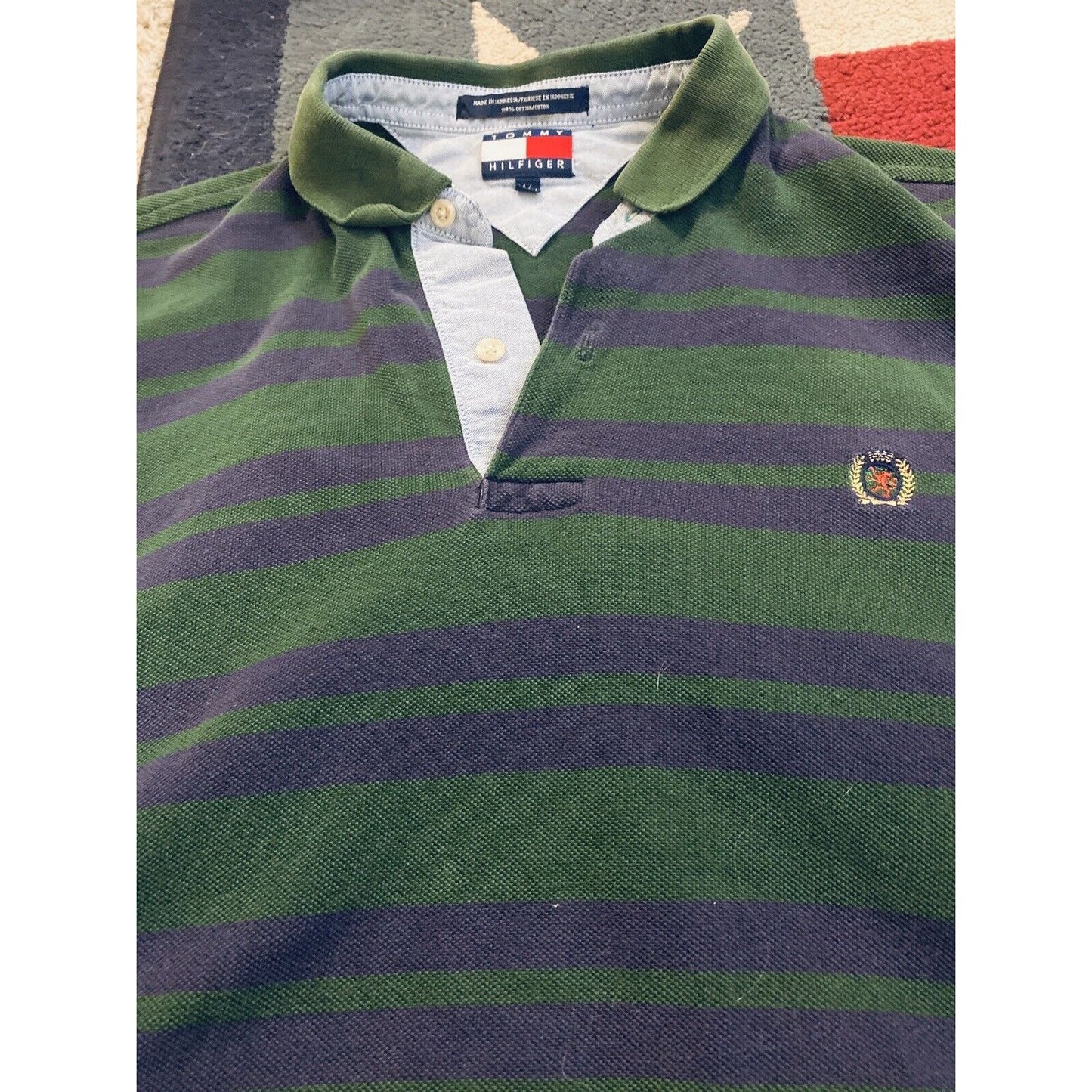 Vintage Tommy Hilfiger Blue & Green Striped Polo Shirt Embroidered Lion Logo M