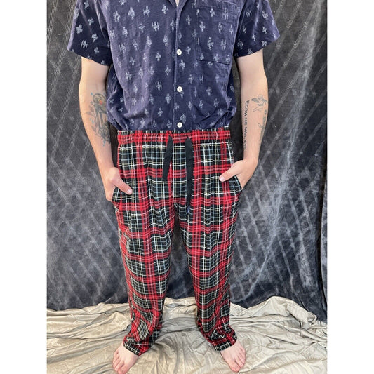 Izod Mens Lounge Sleep Pants Red Plaid Silky Flannel Pockets Button Fly Sz M