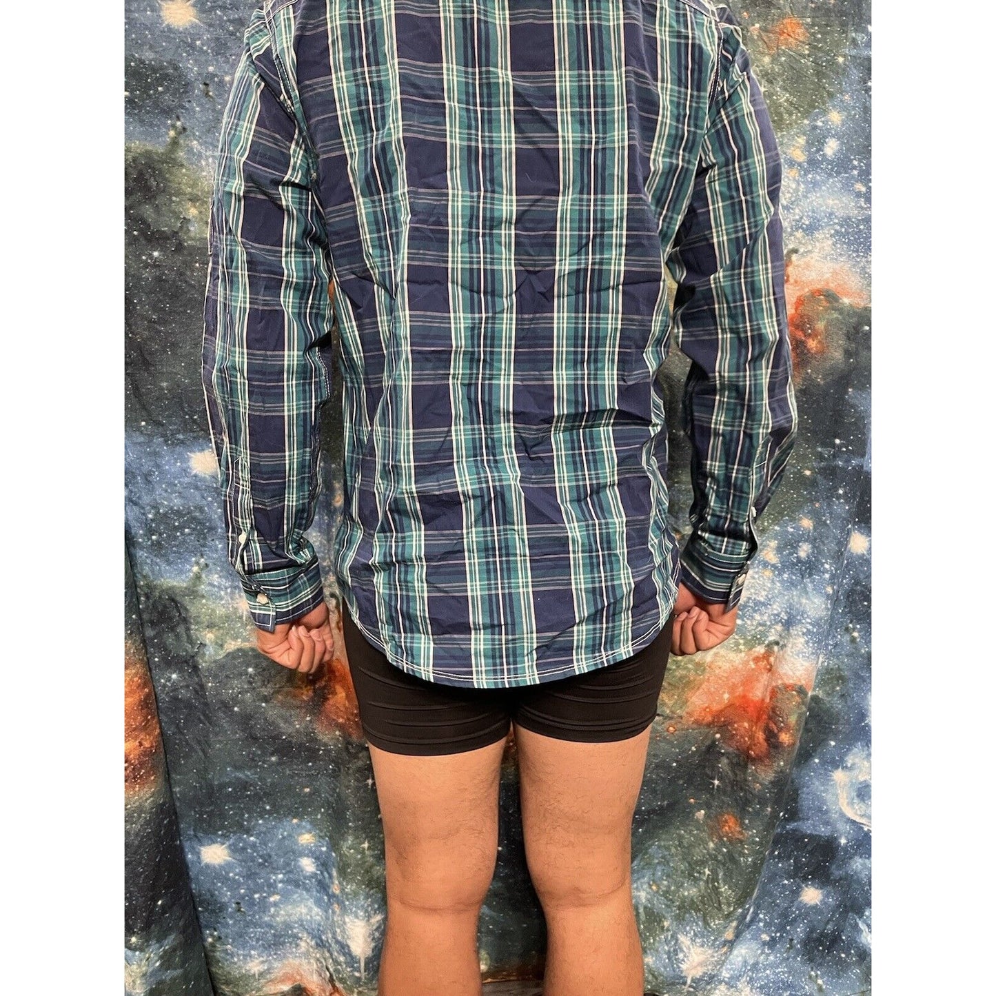 Men’s Medium Marc Ecko Green/Blue Plaid Dress Shirt