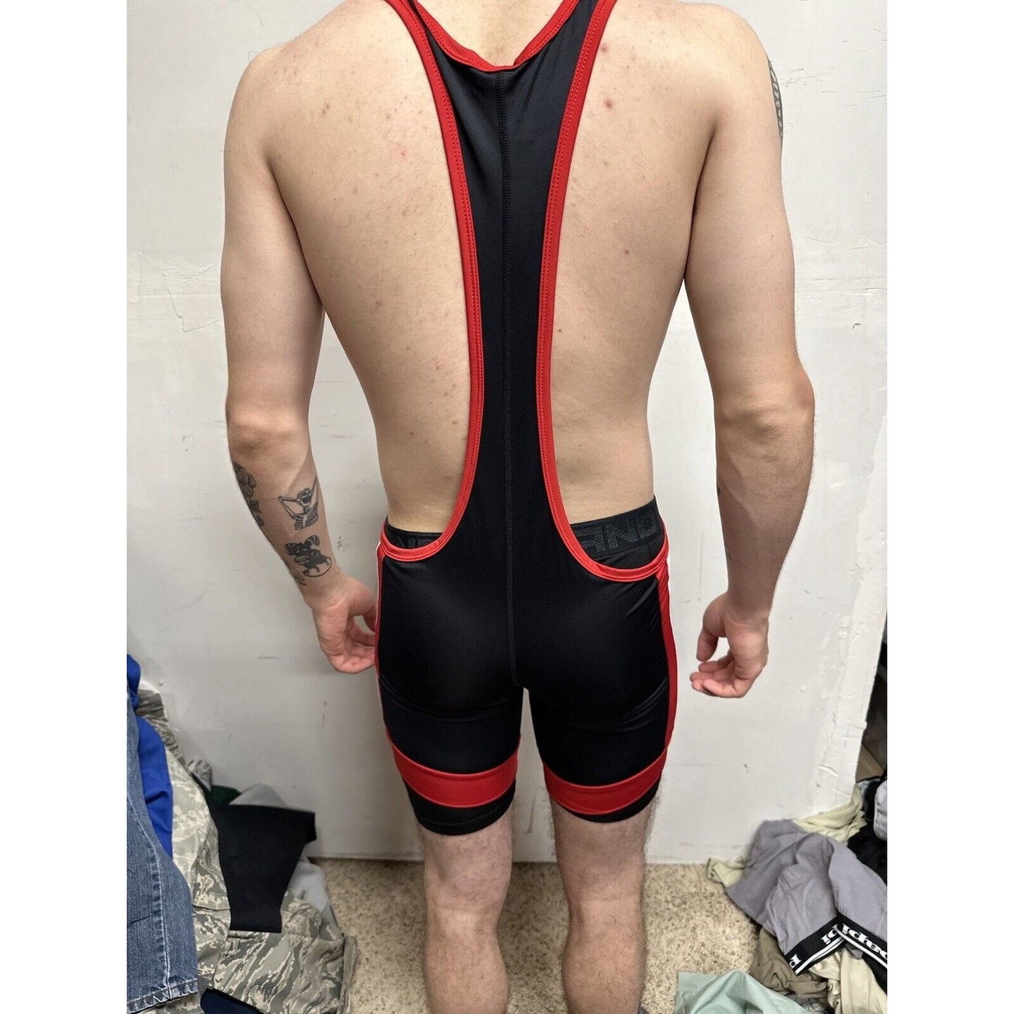 Men’s Tauwell Wrestling Singlet Black And Red With White Large