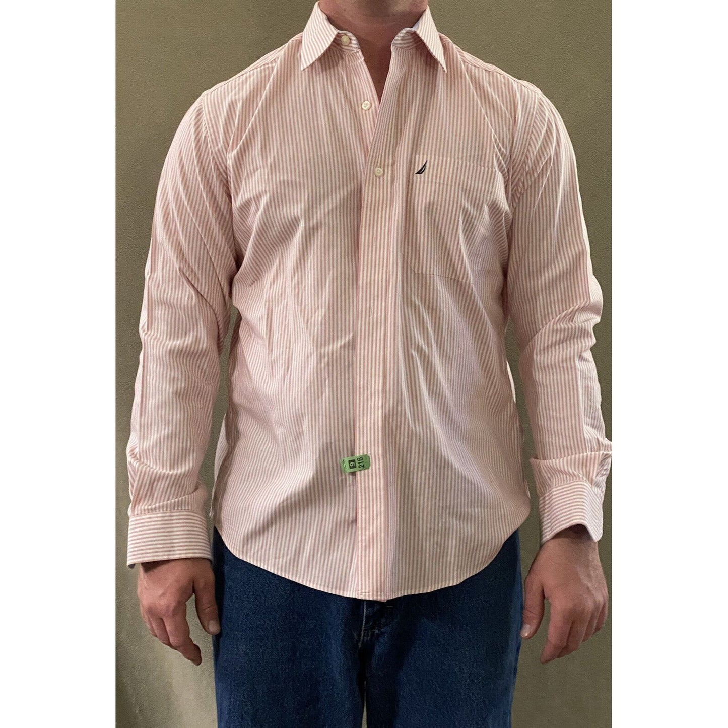 Nautica Men’s Size 16.5 (34/35) Active Fit Pink White Stripes Button-down Shirt