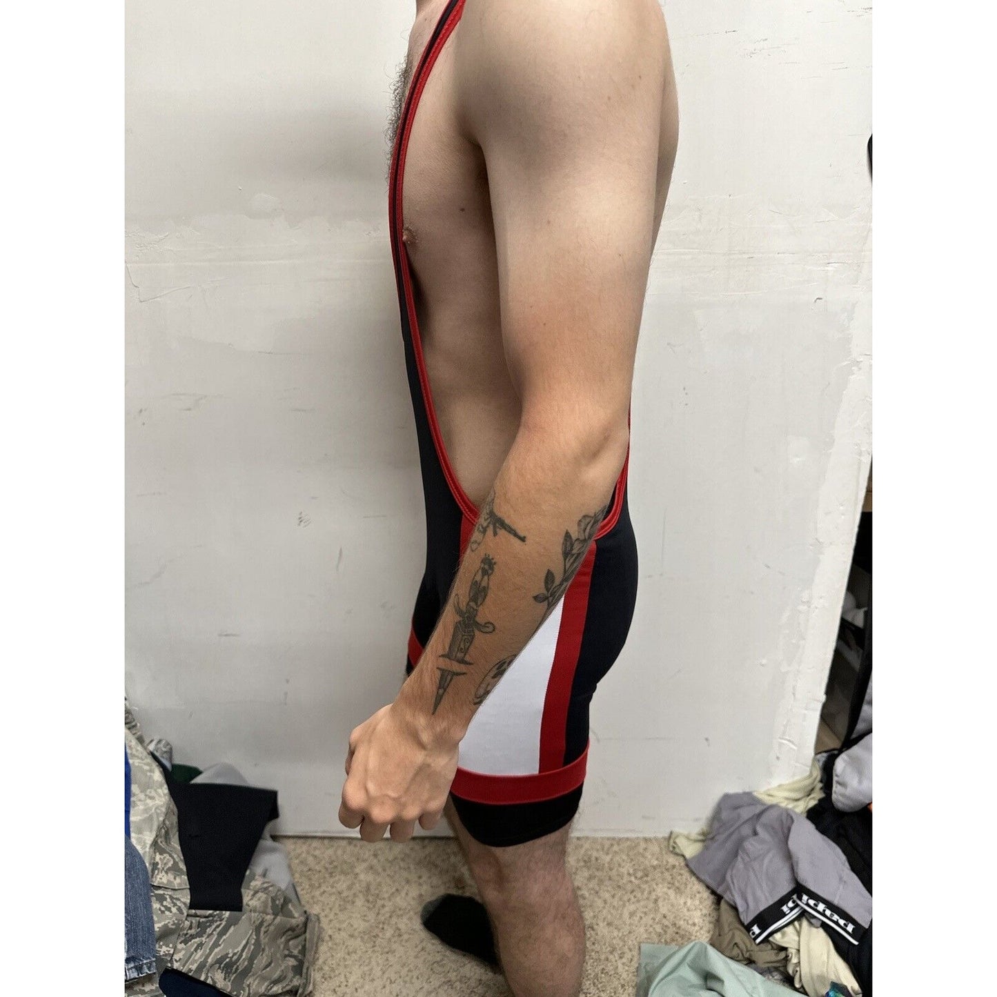 Men’s Tauwell Wrestling Singlet Black And Red With White Large