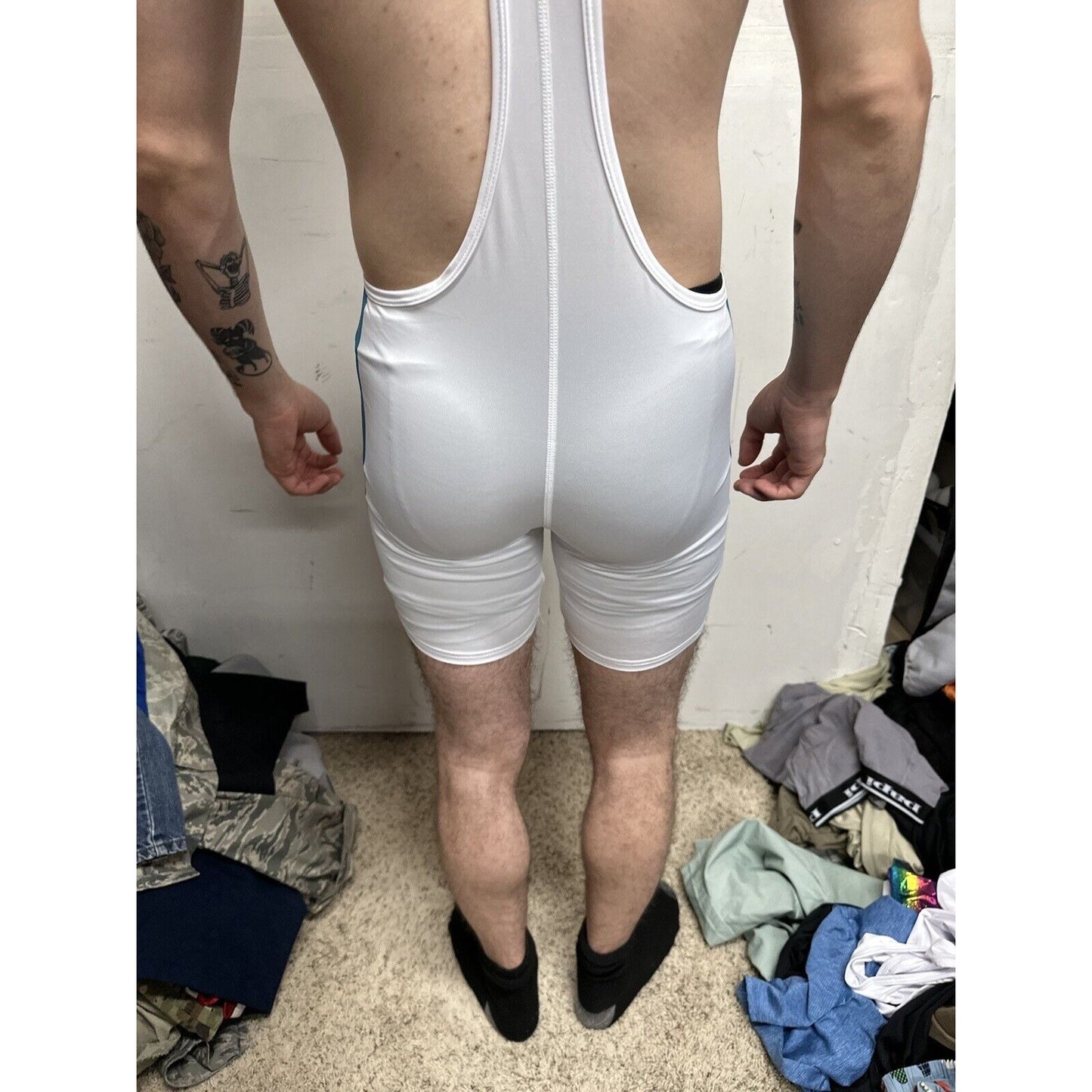 Men’s Tauwell White And Aqua Wrestling Singlet Medium
