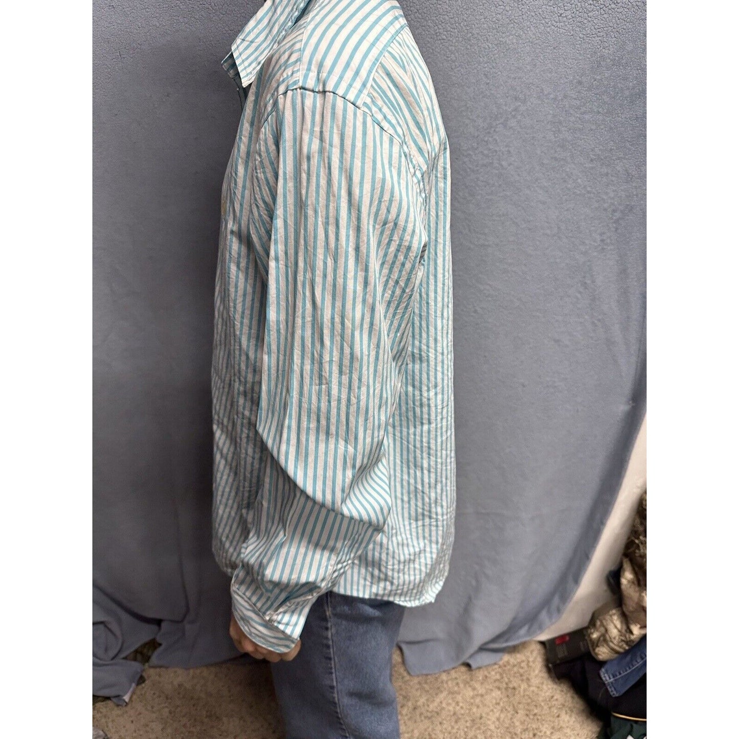 Men’s Teal And White Striped XL Button Up Long Sleeve Ralph Lauren Shirt