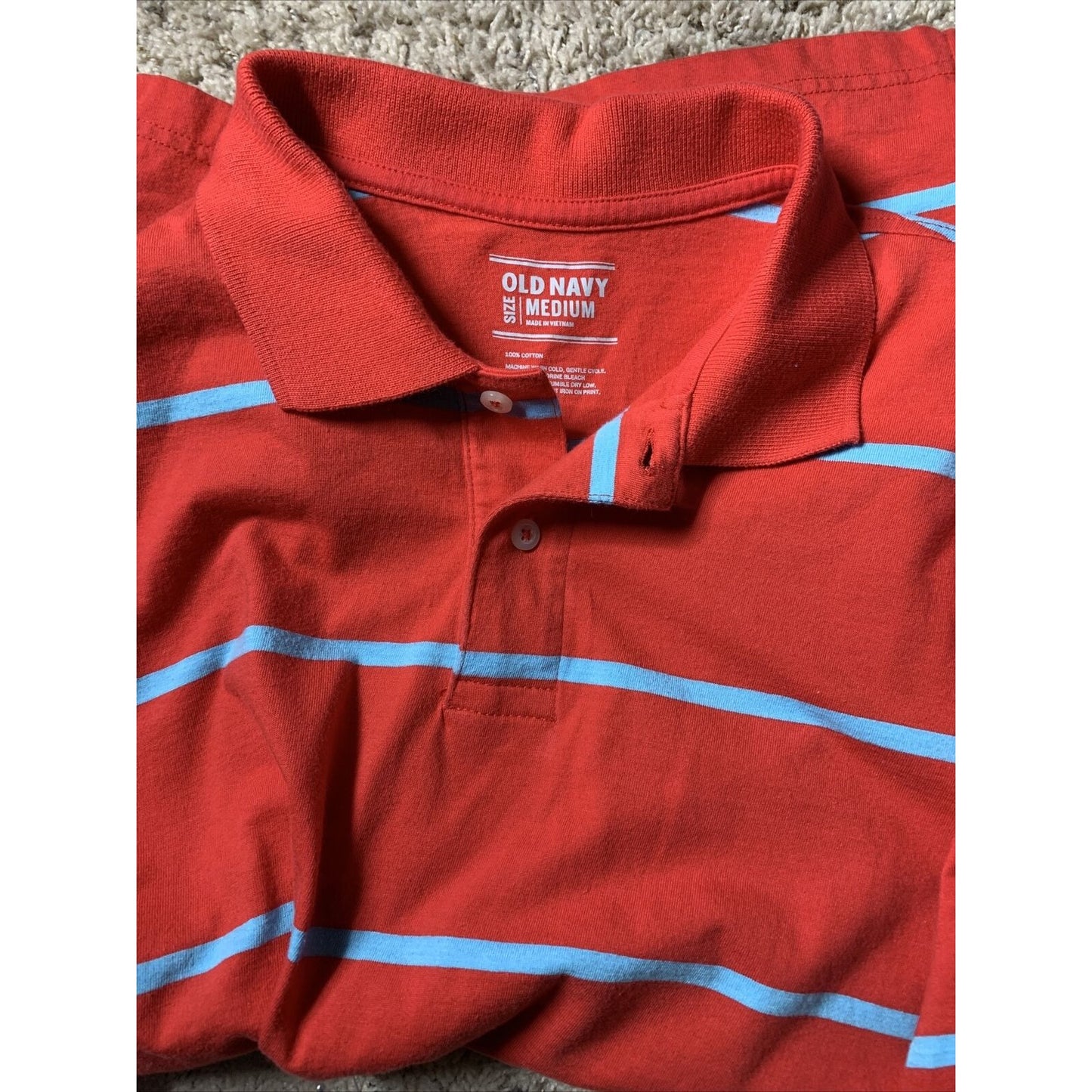 Old Navy Polo Shirt Men's Medium Short Sleeve Red/Sky Blue Striped 100% Cotton