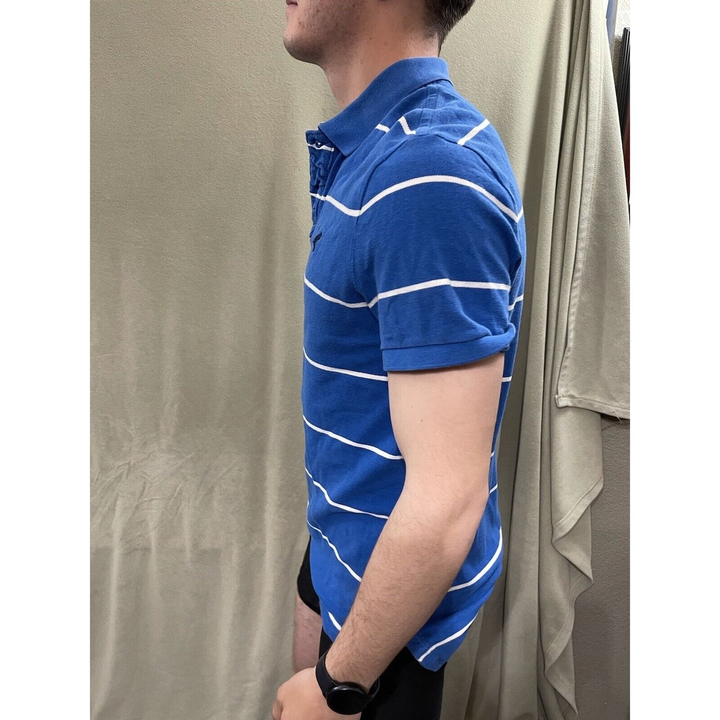 American Eagle Mens Polo Shirt Medium M Blue White Striped Short Sleeves Vintage