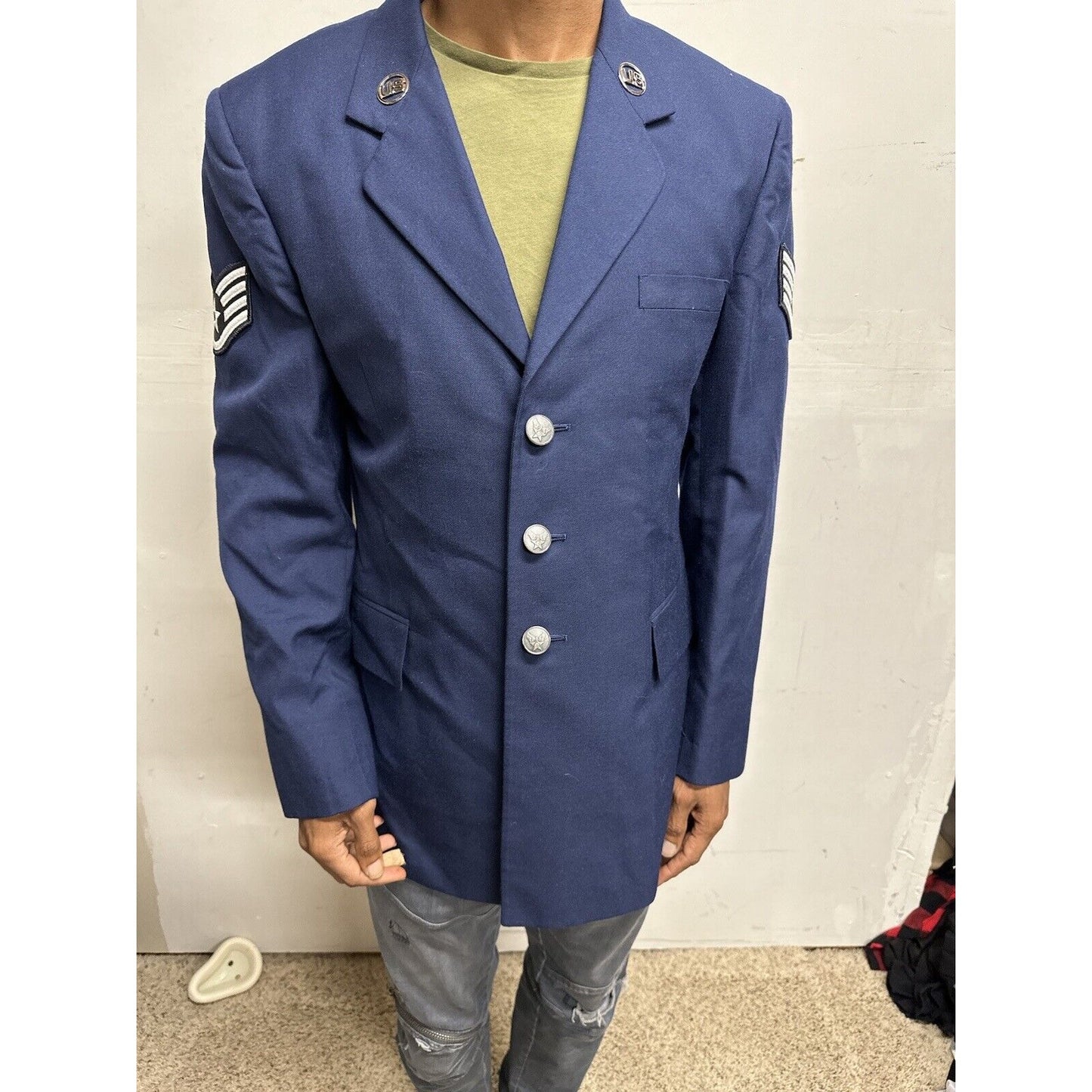 Men’s 40R Coat Uniform Air Force Blue Jacket Staff Sergeant Rank US Insignia