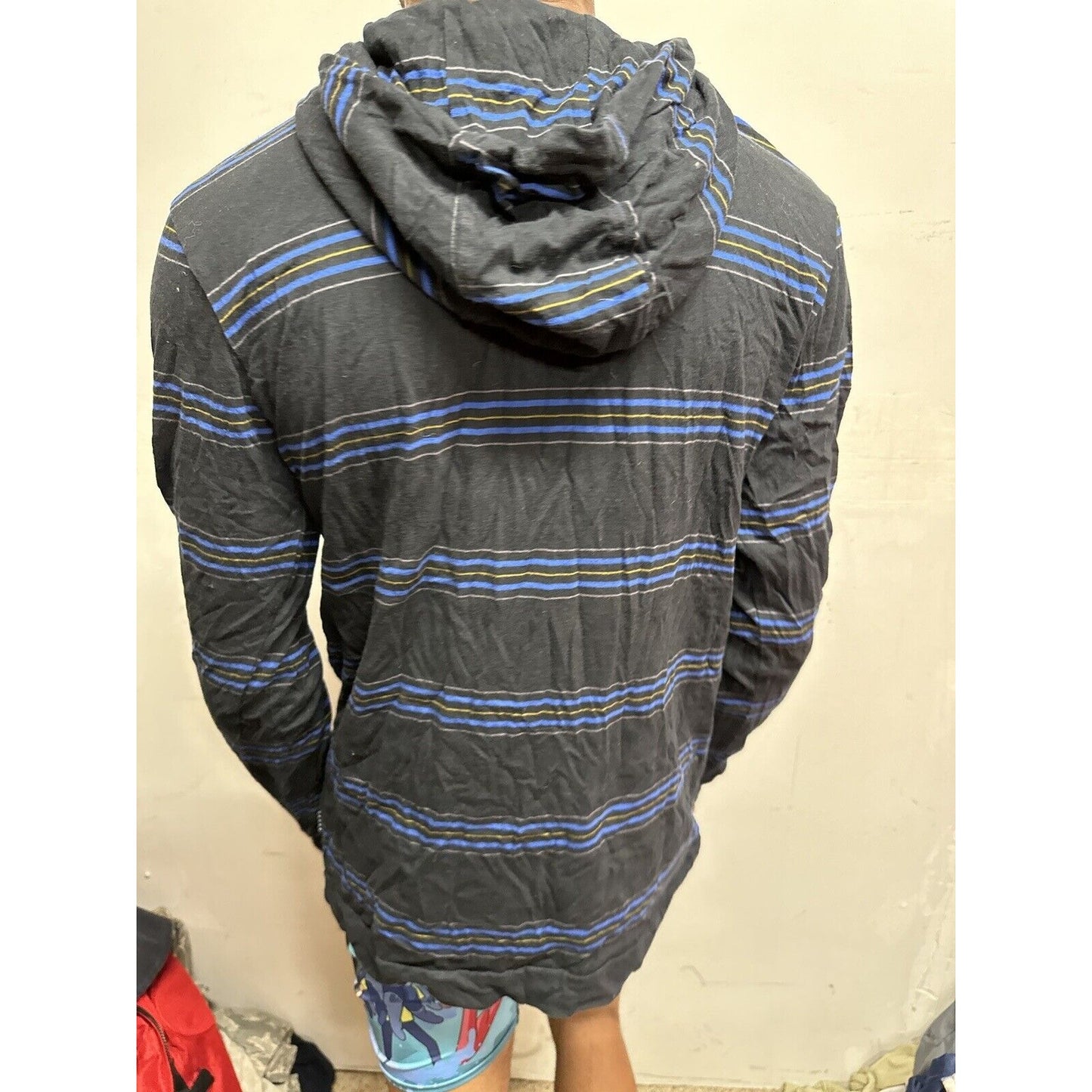 Men’s Volcom Medium Black Blue Striped Long Sleeve Hoodie