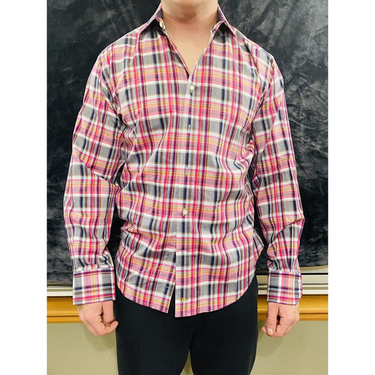 Thomas Dean Men’s Medium Pink Hue Plaid Button-down Casual Long Sleeves