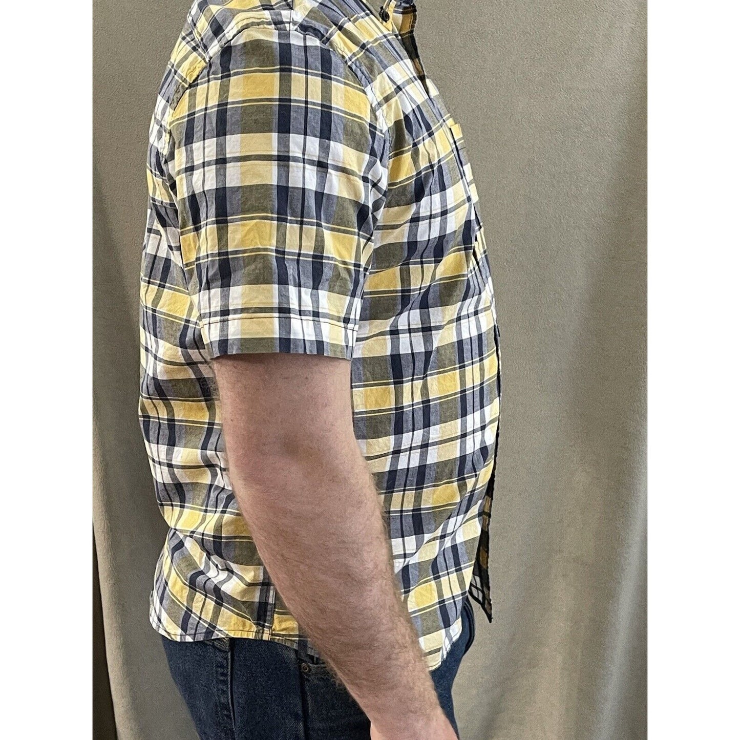 Old Navy Men’s Classic Shirt Stretch Built In Flex Yellow Blue Plaid Large
